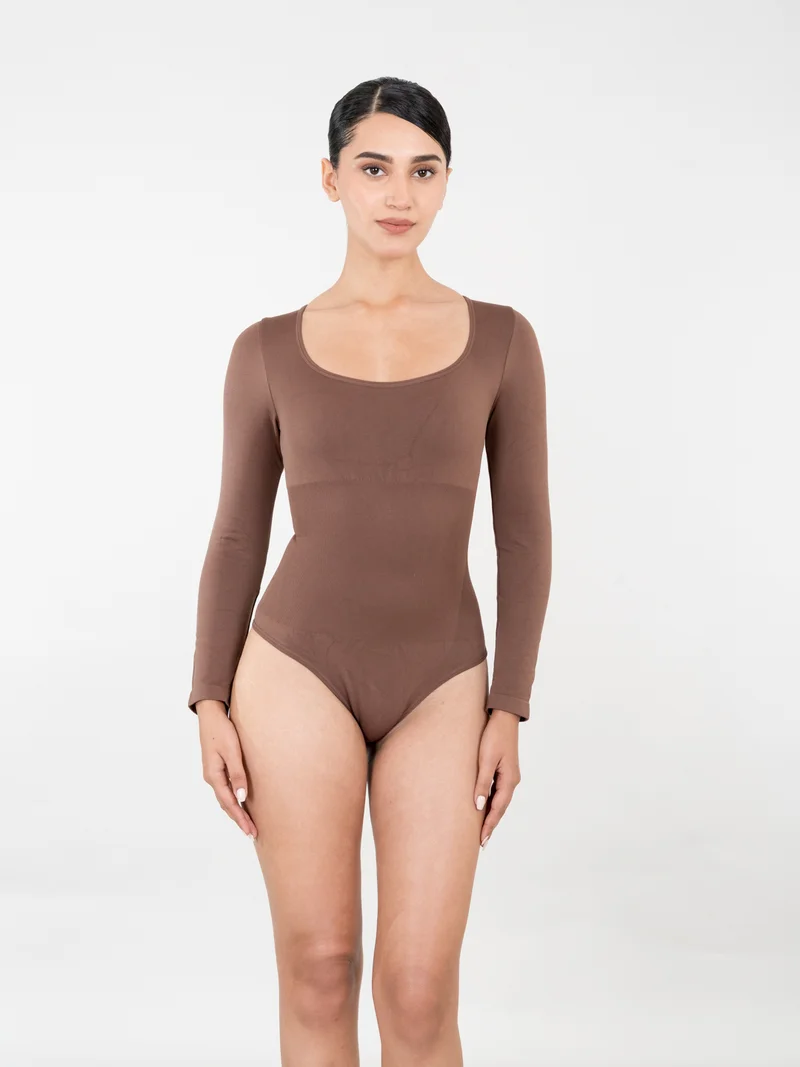 Shapercult Store Brown Full Sleeves Bodysuit for Women